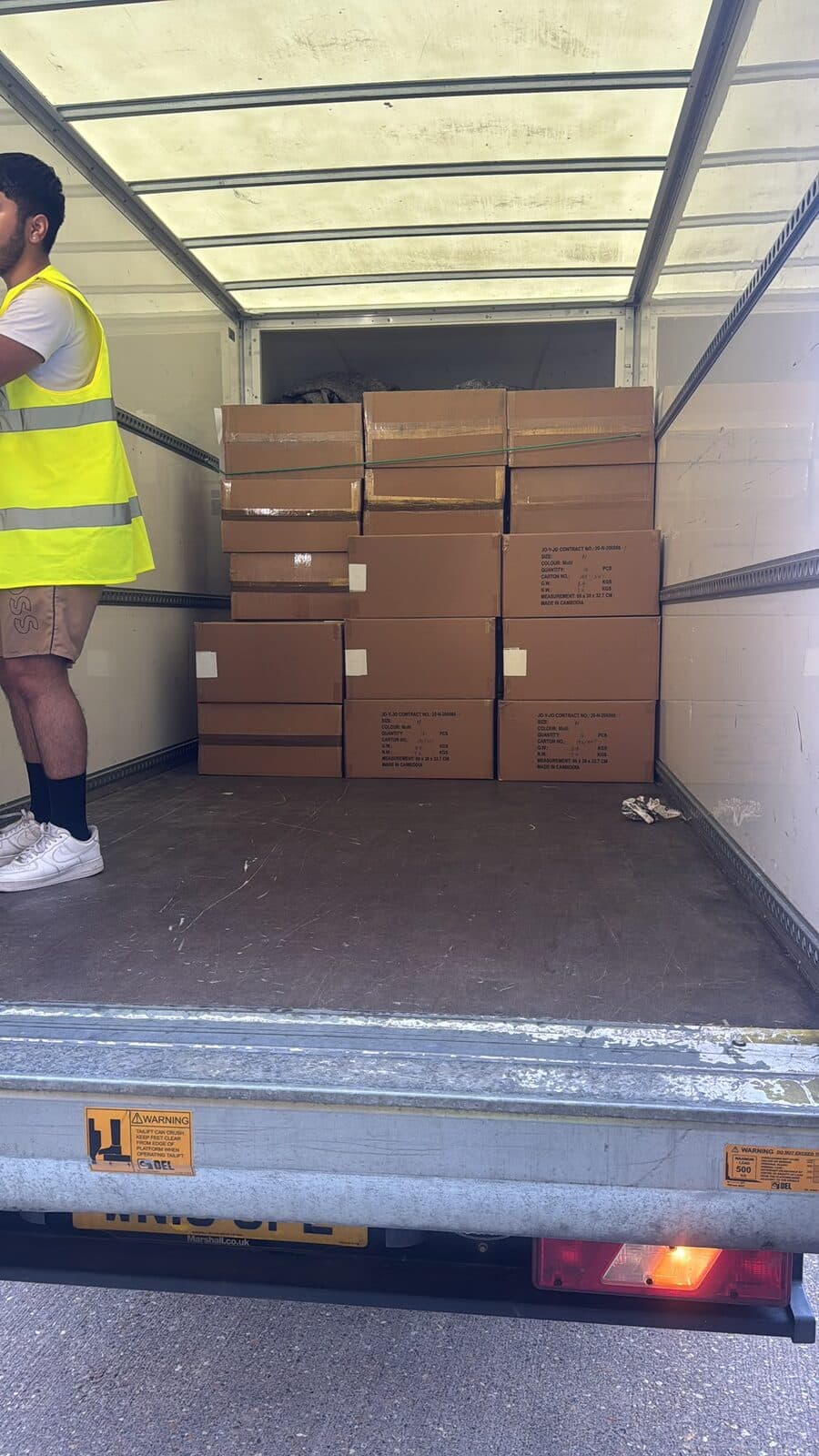 Pallets strapped securely for transport during the Milton Keynes to Essex move