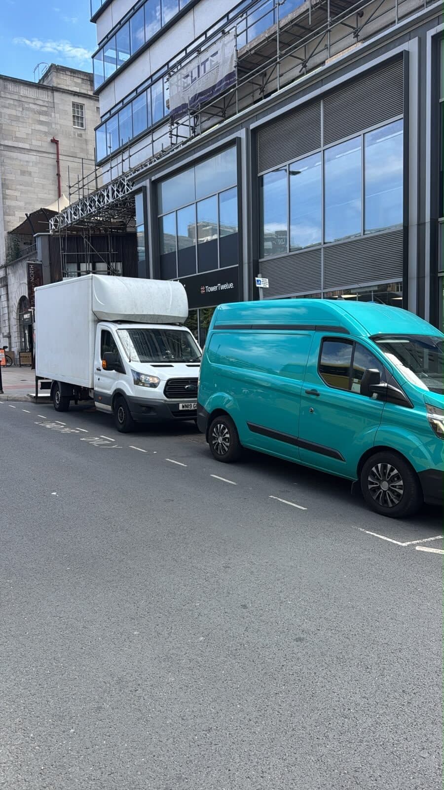 RayMovals Luton van and support vehicle outside the office ahead of unloading the A6 Motors fit-out