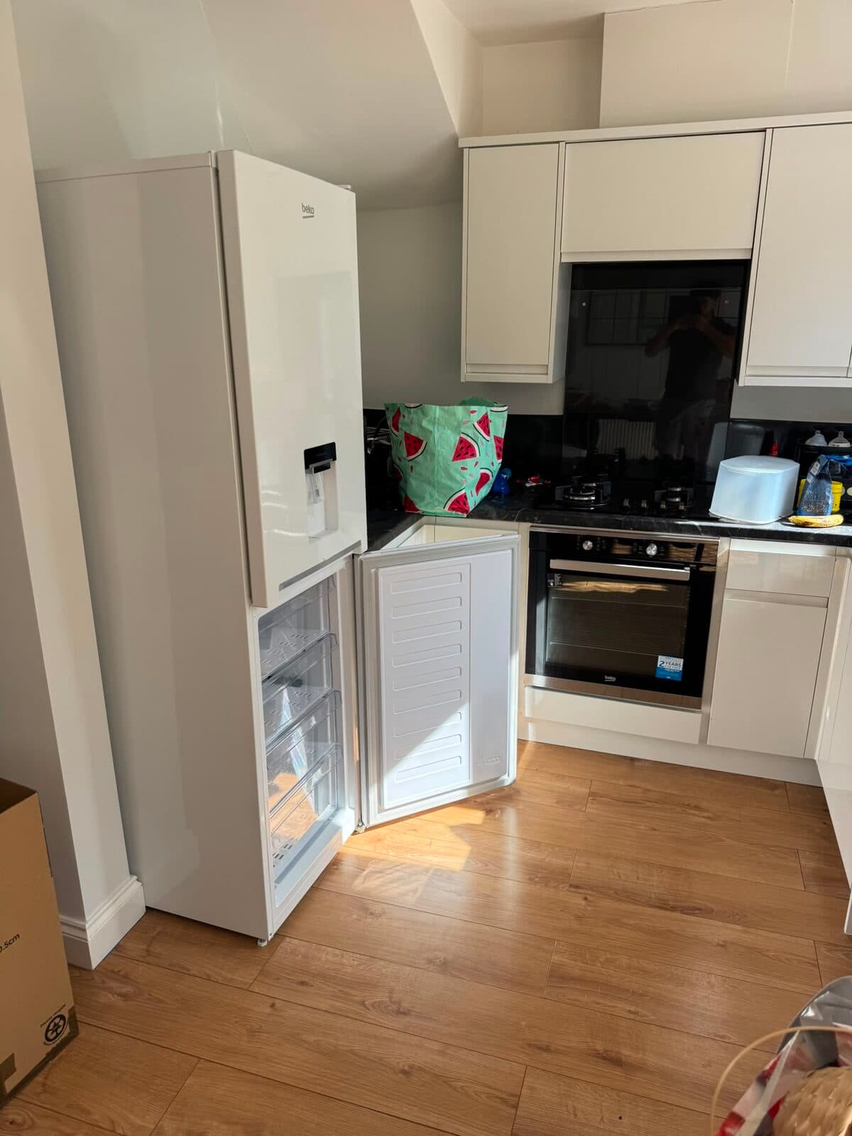 Kitchen appliances and units emptied ahead of the move to the new Luton home
